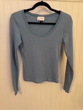 Women's Long Sleeve Rib Scoop Neck T-Shirt - Blue - Medium
